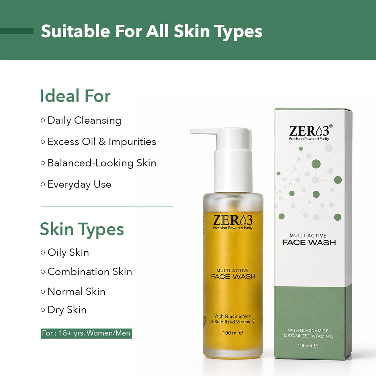Zer03 Face Wash for Men & Women with Niacinamide & Vitamin C | Deep Cleansing Face Wash for All Skin Types | Removes Dirt, Excess Oil & Impurities | 100ml