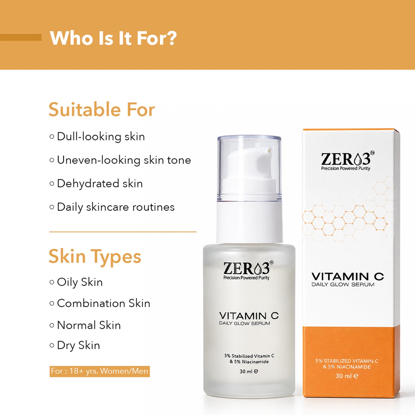 ZER03 Vitamin C Serum for Face | 5% Vitamin C + 5% Niacinamide Face Serum | Hydrating & Brightening Serum with Hyaluronic Acid | For Men & Women | 30ml