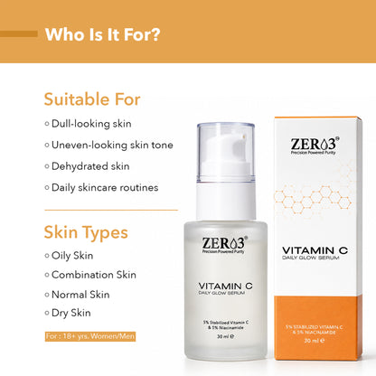 ZER03 Vitamin C Serum for Face | 5% Vitamin C + 5% Niacinamide Face Serum | Hydrating & Brightening Serum with Hyaluronic Acid | For Men & Women | 30ml