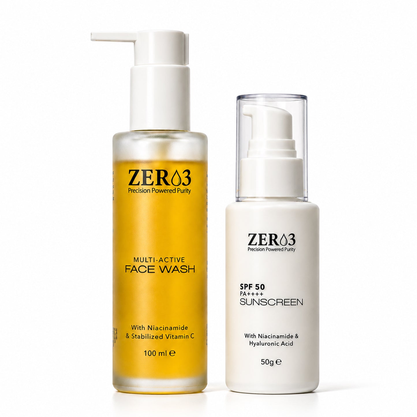 Zer03 Face Wash & Sunscreen Combo | Multi Active Face Wash 100ml + SPF 50 PA++++ Sunscreen 50g | With Vitamin C, Niacinamide & Hyaluronic Acid | For All Skin Types