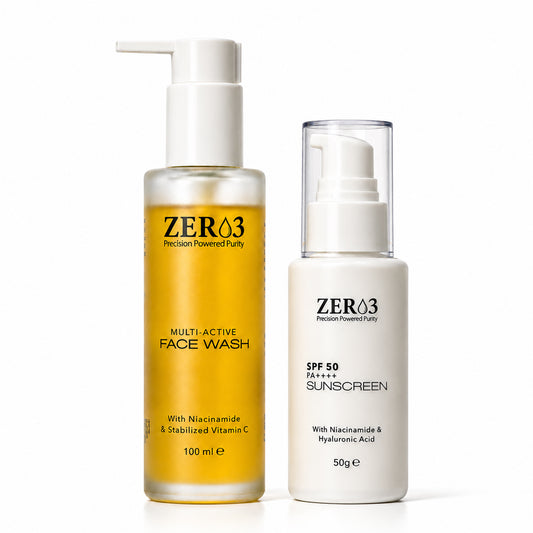 Zer03 Face Wash & Sunscreen Combo | Multi Active Face Wash 100ml + SPF 50 PA++++ Sunscreen 50g | With Vitamin C, Niacinamide & Hyaluronic Acid | For All Skin Types