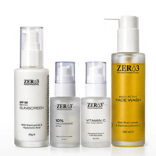 Zer03 Complete Skincare Routine Combo | Face Wash 100ml + SPF 50 PA++++ Sunscreen 50g + Vitamin C Serum 30ml + 10% Niacinamide Serum 30ml | Daily Face Care Kit for Men & Women | All Skin Types