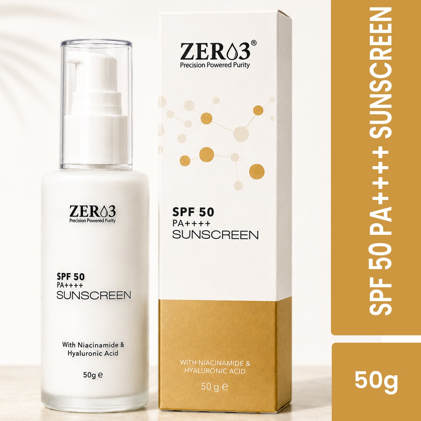 ZER03 SPF 50 PA++++ Sunscreen for Men & Women | Broad Spectrum UVA & UVB Protection | No White Cast, Lightweight & Non-Greasy Formula with Niacinamide & Hyaluronic Acid | Suitable for All Skin Types | 50g