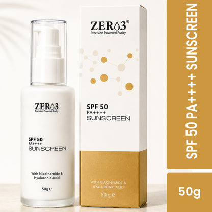 ZER03 SPF 50 PA++++ Sunscreen for Men & Women | Broad Spectrum UVA & UVB Protection | No White Cast, Lightweight & Non-Greasy Formula with Niacinamide & Hyaluronic Acid | Suitable for All Skin Types | 50g