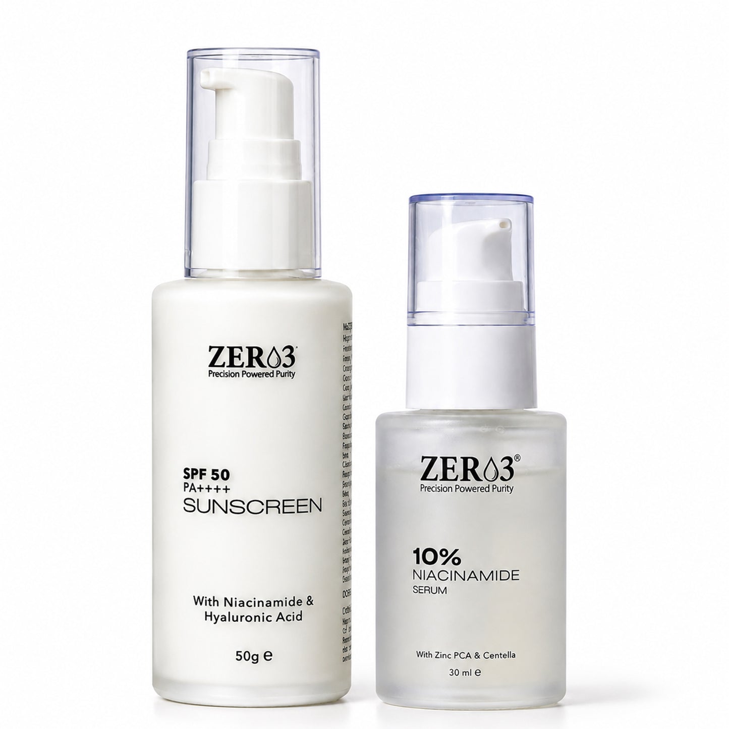 Zer03 SPF 50 PA++++ Sunscreen 50g + 10% Niacinamide Serum 30ml Combo | With Hyaluronic Acid, Zinc PCA & Centella Asiatica | Daily Skincare Routine for Men & Women | Suitable for All Skin Types