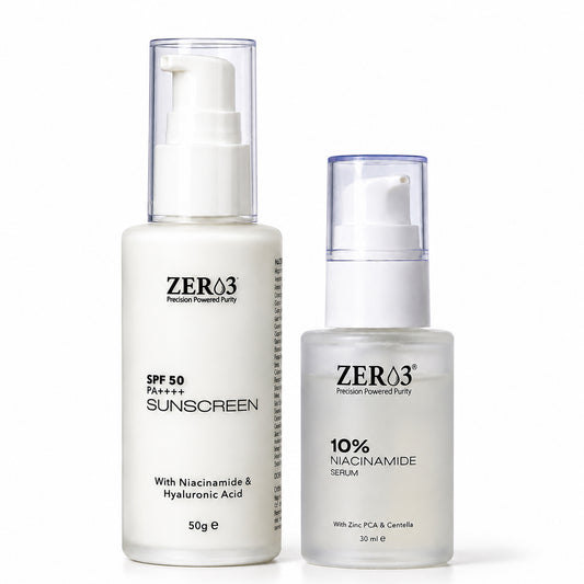 Zer03 SPF 50 PA++++ Sunscreen 50g + 10% Niacinamide Serum 30ml Combo | With Hyaluronic Acid, Zinc PCA & Centella Asiatica | Daily Skincare Routine for Men & Women | Suitable for All Skin Types